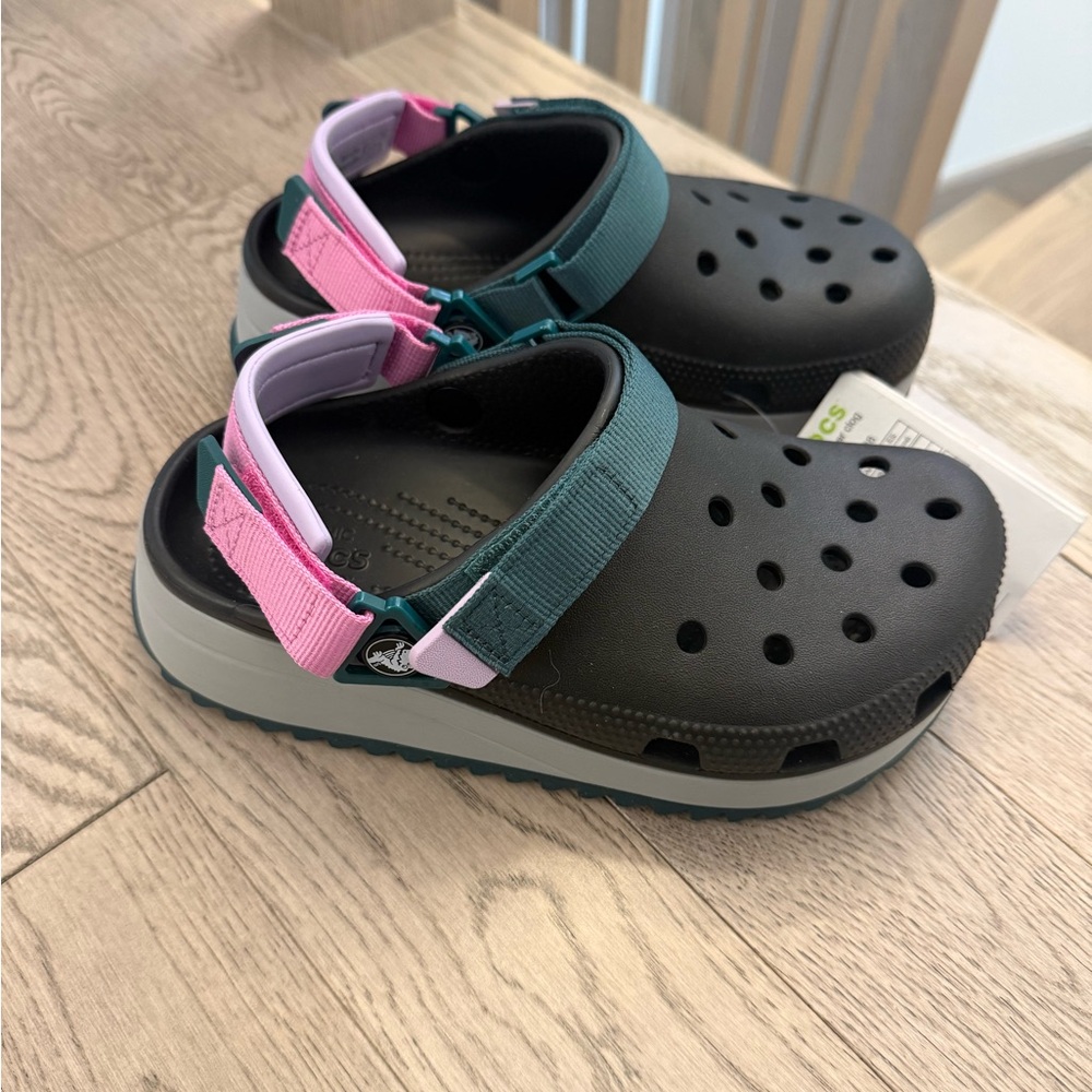 CROCS Classic Hiker Black Clogs with Teal, Pink & Light Purple Straps